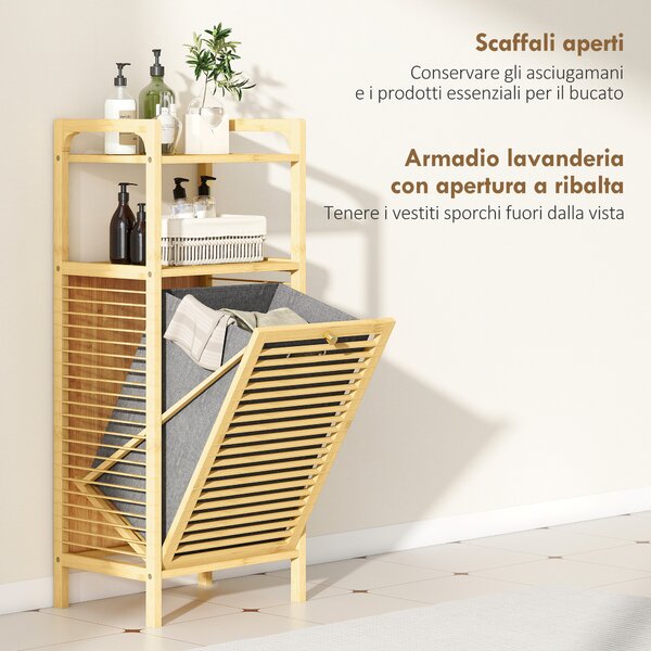 HOMCOM Mobile Bagno a Doghe con Cesto Portabiancheria e Armadietto, in Bambù e Poliestere, 40x30x95 cm, Grigio e Legno | Aosom Italy