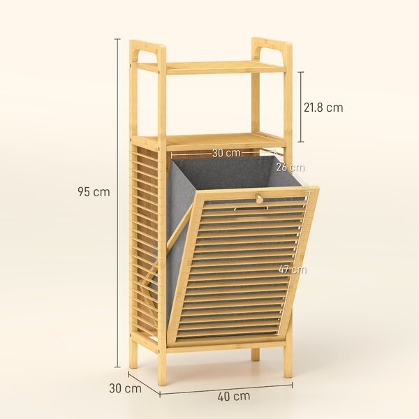 HOMCOM Mobile Bagno a Doghe con Cesto Portabiancheria e Armadietto, in Bambù e Poliestere, 40x30x95 cm, Grigio e Legno | Aosom Italy