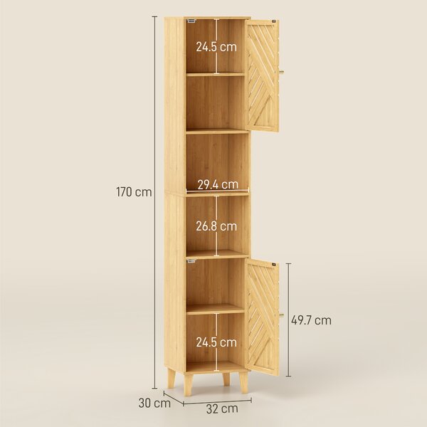 HOMCOM Mobile Colonna Bagno con 2 Armadietti e 2 Ripiani con Scaffale Regolabile, in Bambù e Truciolato, 32x30x170 cm | Aosom Italy