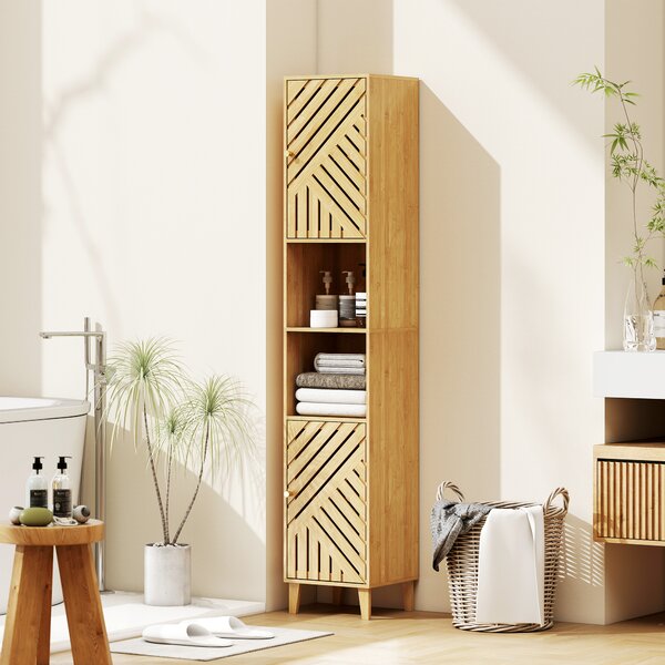 HOMCOM Mobile Colonna Bagno con 2 Armadietti e 2 Ripiani con Scaffale Regolabile, in Bambù e Truciolato, 32x30x170 cm | Aosom Italy
