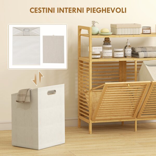 HOMCOM Mobile Portabiancheria con 2 Cesti da 41L e 2 Ripiani, in Bambù e Poliestere, 82x33x88 cm, color Legno e Crema | Aosom Italy