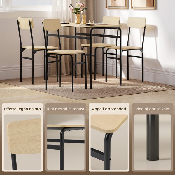 HOMCOM Set da Pranzo 5 Pezzi con Tavolo Rettangolare e 4 Sedie da Pranzo, in Legno e Metallo, Nero e color Legno | Aosom Italy