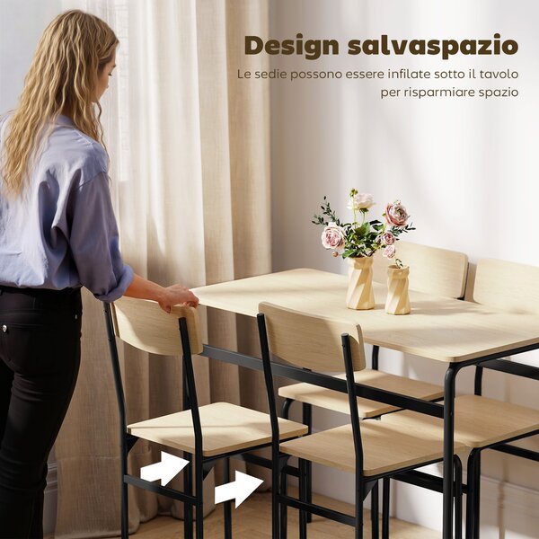 HOMCOM Set da Pranzo 5 Pezzi con Tavolo Rettangolare e 4 Sedie da Pranzo, in Legno e Metallo, Nero e color Legno | Aosom Italy