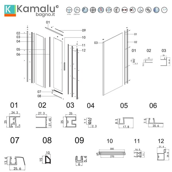 Kamalu box doccia 3 lati 70x110x70 scorrevole telaio cromato minimale | kla-4000c
