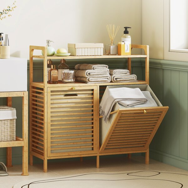 HOMCOM Mobile Portabiancheria con 2 Cesti da 41L e 2 Ripiani, in Bambù e Poliestere, 82x33x88 cm, color Legno e Crema | Aosom Italy