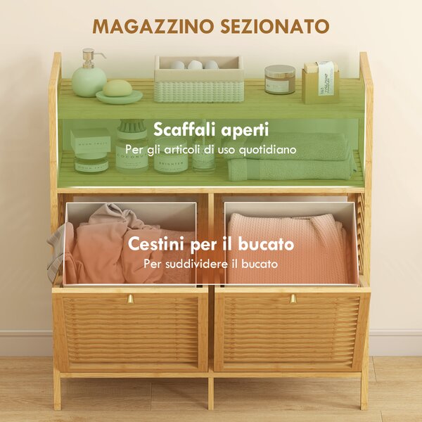 HOMCOM Mobile Portabiancheria con 2 Cesti da 41L e 2 Ripiani, in Bambù e Poliestere, 82x33x88 cm, color Legno e Crema | Aosom Italy
