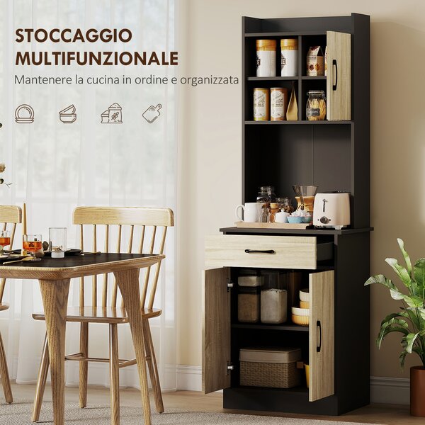 HOMCOM Mobile Dispensa in Legno con Cassetto, 2 Ripiani Aperti e Armadietti, 60x40x180 cm, Nero e color Legno | Aosom Italy