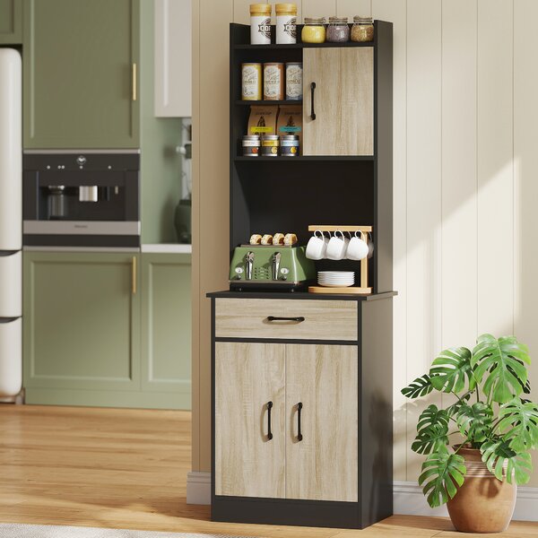 HOMCOM Mobile Dispensa in Legno con Cassetto, 2 Ripiani Aperti e Armadietti, 60x40x180 cm, Nero e color Legno | Aosom Italy