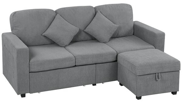 HOMCOM Divano a 3 Posti Contenitore con 2 Cassetti e Pouf in Velluto a Coste, 196x139x85 cm, Grigio Chiaro | Aosom Italy
