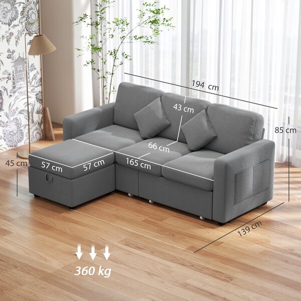 HOMCOM Divano a 3 Posti Contenitore con 2 Cassetti e Pouf in Velluto a Coste, 196x139x85 cm, Grigio Chiaro | Aosom Italy