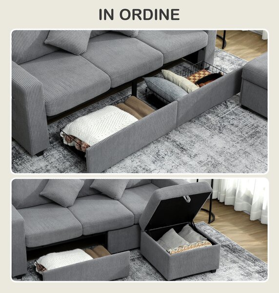 HOMCOM Divano a 3 Posti Contenitore con 2 Cassetti e Pouf in Velluto a Coste, 196x139x85 cm, Grigio Chiaro | Aosom Italy