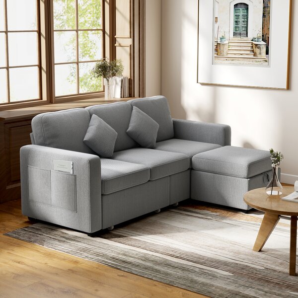 HOMCOM Divano a 3 Posti Contenitore con 2 Cassetti e Pouf in Velluto a Coste, 196x139x85 cm, Grigio Chiaro | Aosom Italy