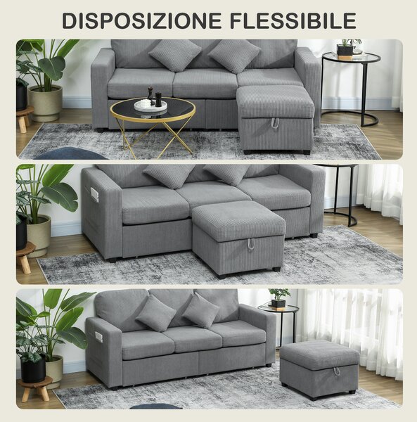 HOMCOM Divano a 3 Posti con 2 Cassetti e Pouf, Contenitore in Velluto a Coste, 196x139x85 cm, Grigio Chiaro | Aosom Italy