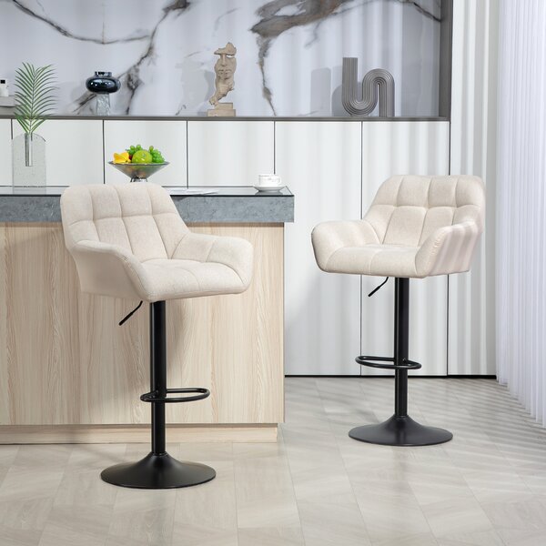 HOMCOM Set 2 Sgabelli da Bar Regolabili in Altezza, in Similpelle e Tessuto effetto Lino, Crema | Aosom Italy