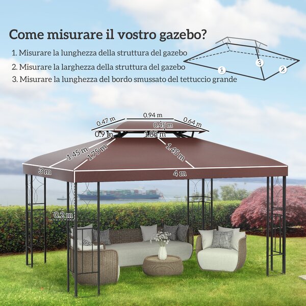 Outsunny Copertura per Gazebo da Giardino Tetto Sostitutivo Anti-UV Impermeabile in Poliestere 3x4m Marrone|Aosom