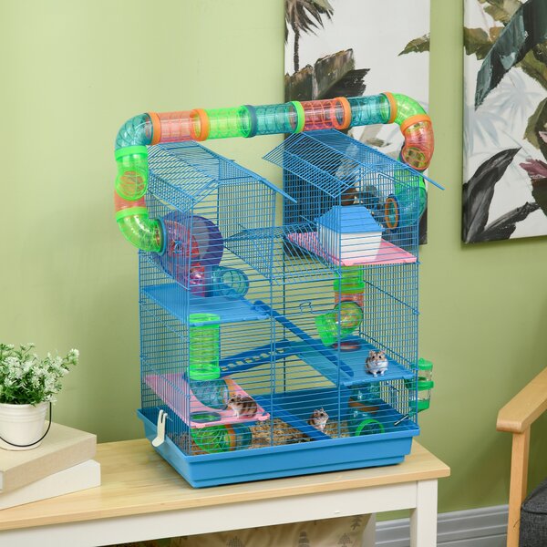 PawHut Gabbia per Criceti e Roditori a 5 Piani con Tubi Colorati e Accessori Inclusi per Gioco e Riposo Blu 47x30x59cm|Aosom