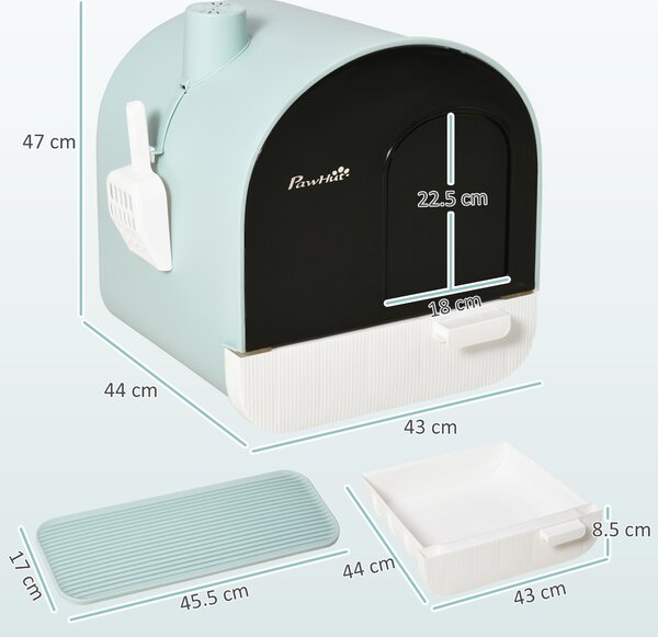 PawHut Lettiera per Gatti Chiusa con Filtri, Paletta e Vassoio Removibile, Struttura in PP, 43x44x47cm, Verde|Aosom
