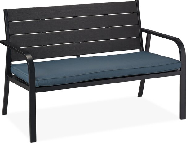 Panchina da giardino Relaxdays con cuscini di seduta, effetto legno, dimensioni: 78 x 118 x 66 cm, 2 posti, robusta panchina da balcone, nero/antracite