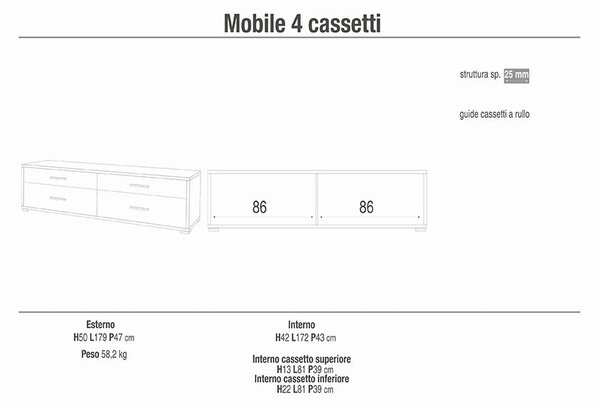 DOMA - porta tv moderno con 4 cassetti