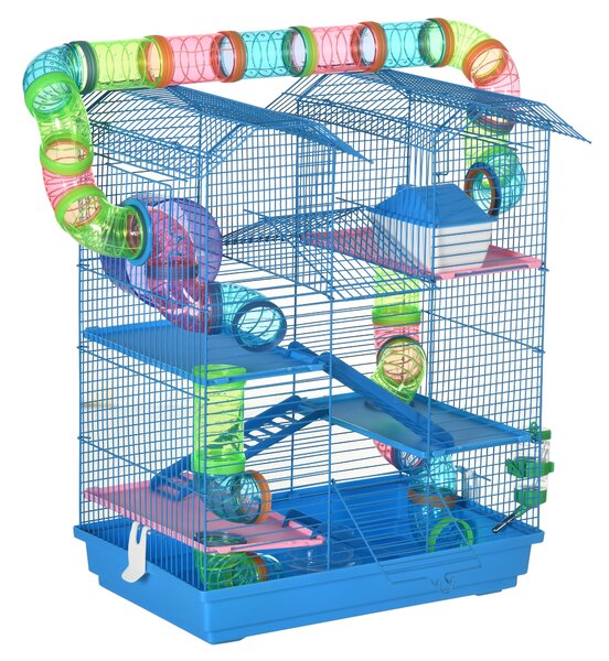 PawHut Gabbia per Criceti e Roditori a 5 Piani con Tubi Colorati e Accessori Inclusi per Gioco e Riposo Blu 47x30x59cm|Aosom