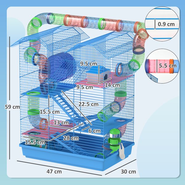 PawHut Gabbia per Criceti e Roditori a 5 Piani con Tubi Colorati e Accessori Inclusi per Gioco e Riposo Blu 47x30x59cm|Aosom