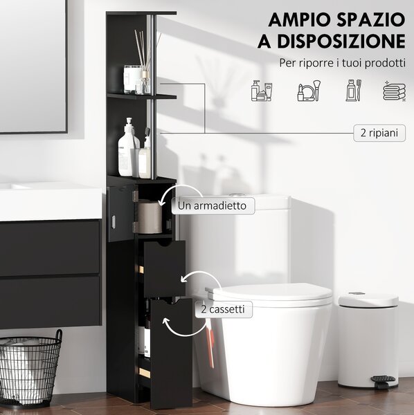 HOMCOM Mobile Colonna Salvaspazio in Legno con Ripiani, Armadietto e Cassetti, Nero, 15x33x136cm|Aosom