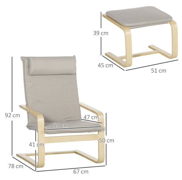 HOMCOM Poltrona Relax con Pouf Poggiapiedi, Poltrona in Legno e Tessuto Effetto Lino con Cuscino Poggiatesta, 67x69x100cm, Grigio|Aosom