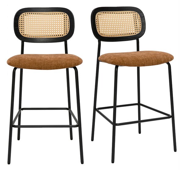 Sgabelli design in tessuto effetto velluto testurizzato terra bruciata, metallo nero e cannage in rattan (set di 2) MIRANDA