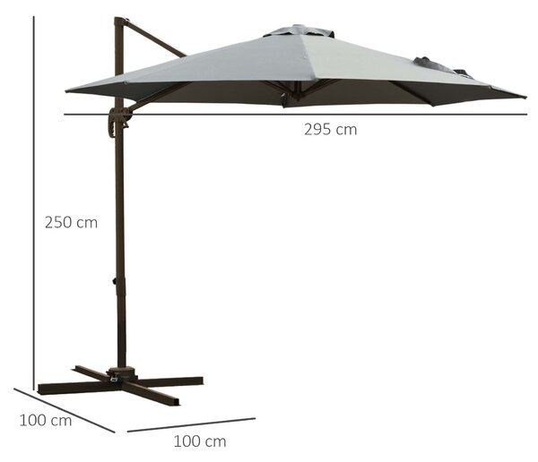 Outsunny Ombrellone da Giardino a Manovella e a 8 Stecche con Angolazione Regolabile, Ø2.95x2.5 m, Grigio|Aosom