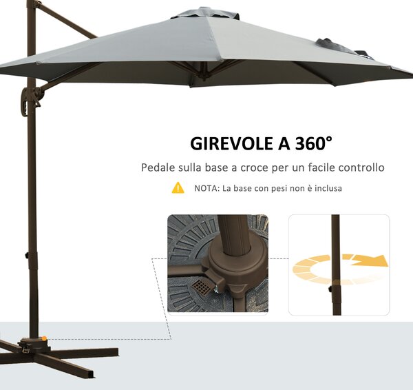 Outsunny Ombrellone da Giardino a Manovella e a 8 Stecche con Angolazione Regolabile, Ø2.95x2.5 m, Grigio|Aosom