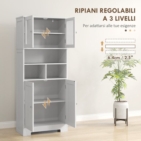 HOMCOM Credenza Cucina con 2 Armadietti e 3 Vani Aperti, Ante a Vetro e Ripiani Regolabili, 60x30x145.5 cm, Bianco | Aosom Italy