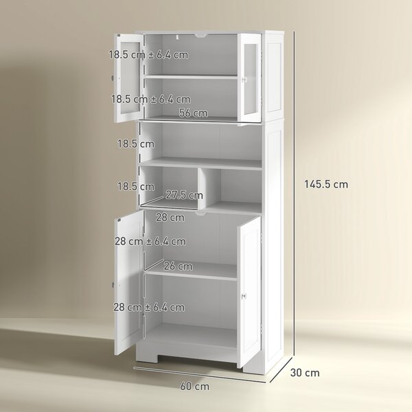 HOMCOM Credenza Cucina con 2 Armadietti e 3 Vani Aperti, Ante a Vetro e Ripiani Regolabili, 60x30x145.5 cm, Bianco | Aosom Italy