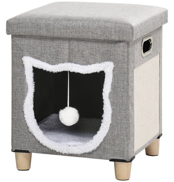 PawHut Casetta per Gatti con Tiragraffi, Cuscino e Pallina, in Legno e Poliestere, 35.5x35.5x42.5 cm, Crema e Grigio | Aosom Italy