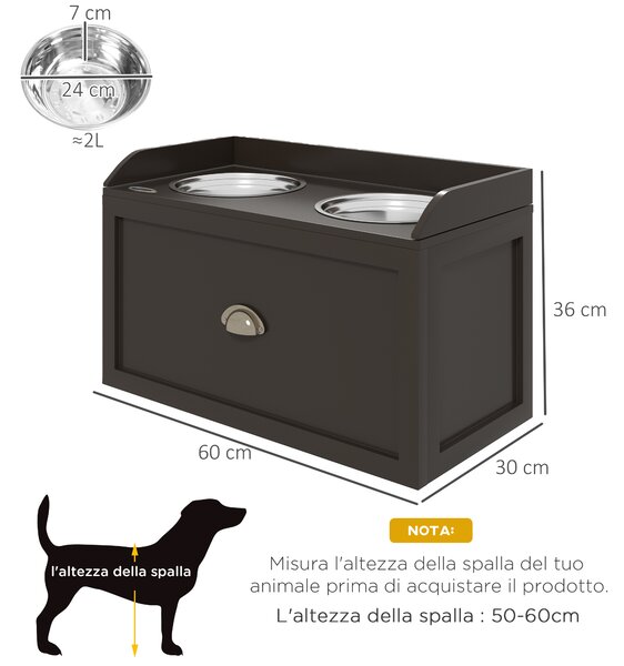 PawHut Ciotole per Cani Rialzate in Acciaio Inox e Legno con Cassetto, 60x30x36cm, Marrone | Aosom Italy