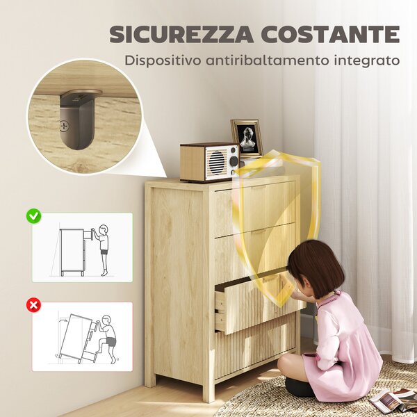 HOMCOM Cassettiera con 4 Cassetti Scanalati e Maniglie Dorate, 70x38x93 cm, Legno Naturale | Aosom Italy