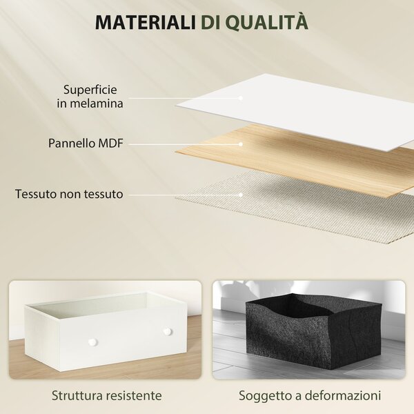 HOMCOM Cassettiera 6 Cassetti Pieghevoli con Maniglie Doppie, in Legno, Acciaio e Tessuto, 114x30x70 cm, Bianco e Grigio | Aosom Italy