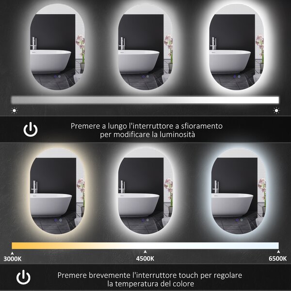 Kleankin Specchio Bagno LED Antiappannamento con Luminosità Regolabile, in Vetro e Alluminio, 81x51x4.5 cm | Aosom Italy