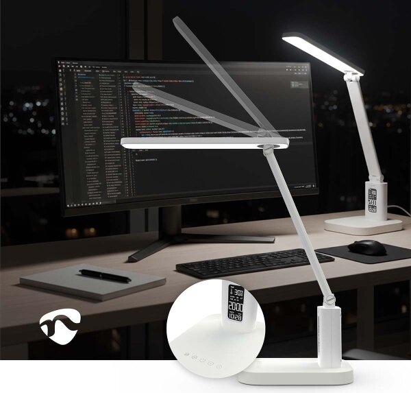 Nedis LTLRC10WT - Lampada LED ricaricabile dimmerabile con display, 7,5 W/1200 mAh, 3000/4000/5700 K, bianca
