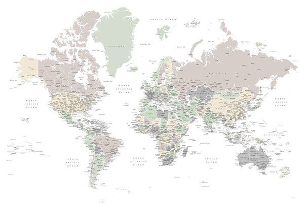 Mappa Detailed world map with cities in muted down colors Anouk, Blursbyai