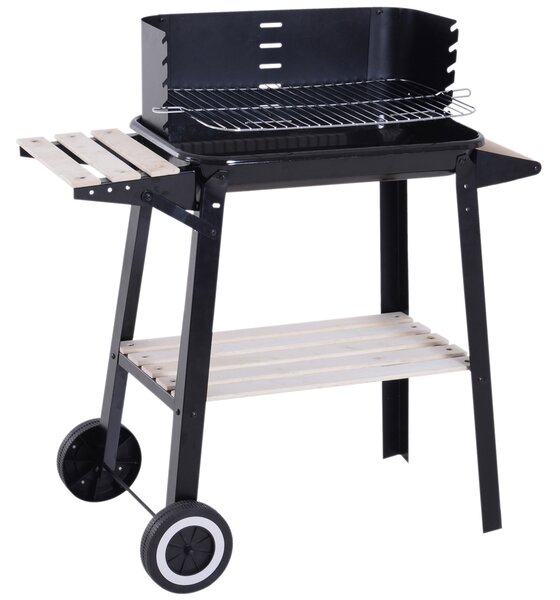 Outsunny Griglia a Carbone Barbecue BBQ Carrello Grill per Picnic con Ruote da Balcone Giardino in Ferro e Legno 83 × 45 × 87 cm Nero|Aosom