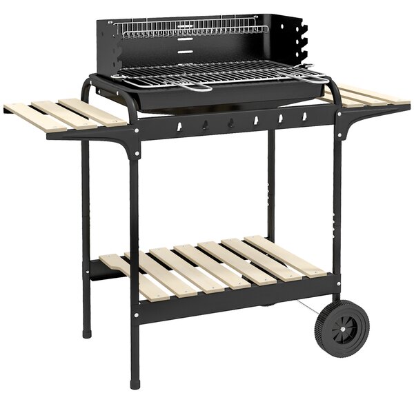 Outsunny Barbecue a Carbonella ad Altezza Regolabile con 3 Ripiani e Vassoio, in Metallo Legno, 113x53.5x82.5 cm, Nera