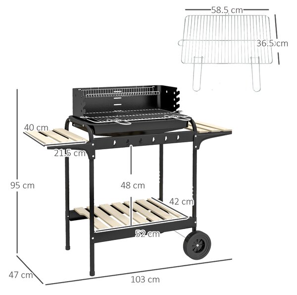Outsunny Barbecue a Carbonella ad Altezza Regolabile con 3 Ripiani e Vassoio, in Metallo Legno, 113x53.5x82.5 cm, Nera