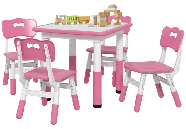 AIYAPLAY Set Tavolo e Sedie per Bambini 5pz con 4 Sedie Regolabili 32x36x52.5-56 cm e Tavolo 60x60x46-58 cm, Rosa