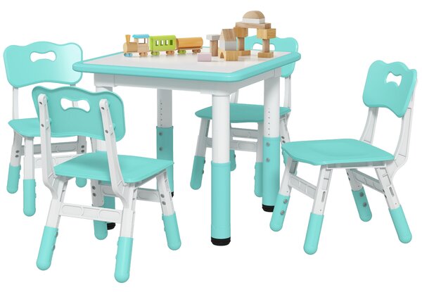 AIYAPLAY Set Tavolo e Sedie per Bambini 5pz con 4 Sedie Regolabili 32x36x52.5-56 cm e Tavolo 60x60x46-58 cm, Verde