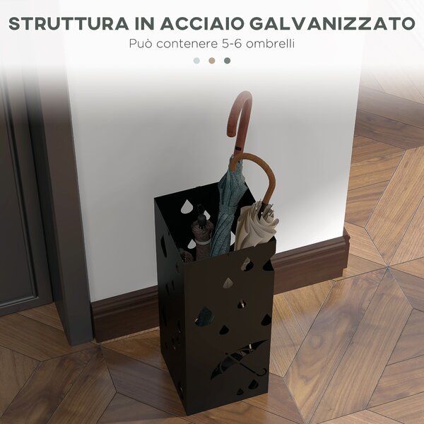 HOMCOM Portaombrelli in Metallo con 4 Ganci e Vaschetta Raccogligocce, 15.5x15.5x41cm, Nero|Aosom