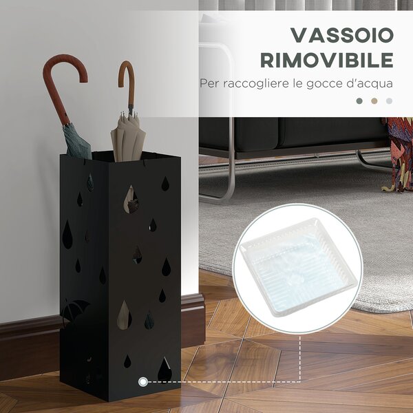 HOMCOM Portaombrelli in Metallo con 4 Ganci e Vaschetta Raccogligocce, 15.5x15.5x41cm, Nero|Aosom