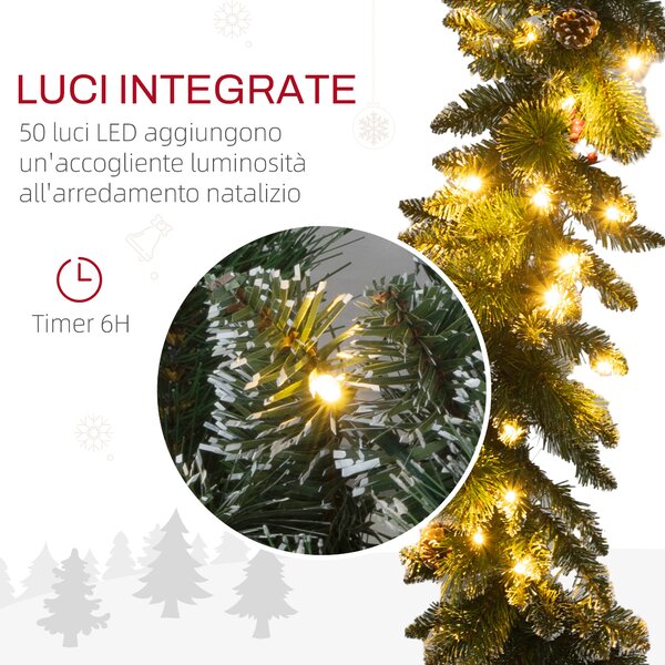 HOMCOM Ghirlanda Natalizia con 50 Luci LED Bianche e Decorazioni, in Plastica e Metallo, 180x30x30 cm, Verde