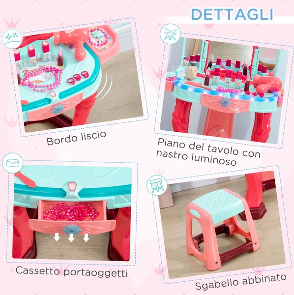 AIYAPLAY Tavolino Toeletta per Bambine con Sgabello, Specchio, Luci e Accessori, in PP e GPPS, 57x34x76 cm, Multicolore