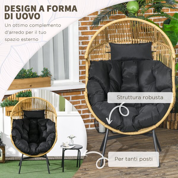 Outsunny Poltrona da Giardino a Uovo con Poggiatesta e Cuscini per Seduta, in Rattan e Acciaio, 89x75x143 cm|Aosom