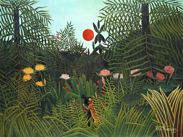 Riproduzione Setting Sun in the Virgin Forest Tropical Rainforest Landscape - Henri Rousseau, (40 x 30 cm)